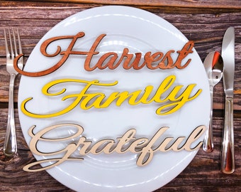 Wood Thanksgiving Plate Words | Family| Thankful | Harvest | Blessed | Grateful | Gather