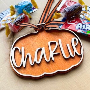 Personalized Halloween Tags | Trick or Treat Bag Tags | Wood Name | Tags for Candy Bucket | Pumpkin | Name Tags | Free Shipping | Boo Bag