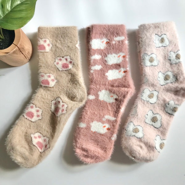 Fuzzy Socks, Breakfast Egg Socks, Sheep Socks, Paw Socks, Floor Socks, Fleece Socks