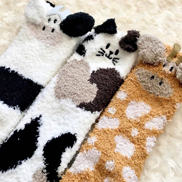 Cow Socks, Cat Socks, Giraffe Socks, Kitten Socks, Fluffy Socks with Ears, Women Socks, Novelty Socks, Floor Socks