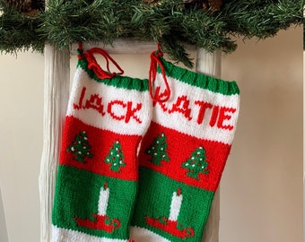 BRIGHT Merry Christmas Stocking PREMIUM 100%-hand knit personalized traditional vintage Tree, Candle, Wreath handmade customized-candlestick