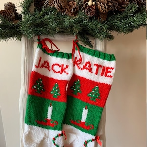 BRIGHT Merry Christmas Stocking PREMIUM 100%-hand knit personalized traditional vintage Tree, Candle, Wreath handmade customized-candlestick