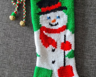 PERSONALIZED Christmas Stocking SNOWMAN with SHOVEL - 100% hand knit Premium customized traditional kids hand-made