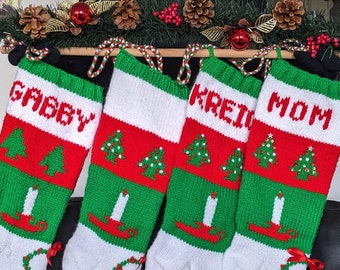 PERSONALIZED Christmas Stocking 4 TREES - sequins, bells, date - Special REQUEST - knit, hand made, custom - vintage Candle, Wreath