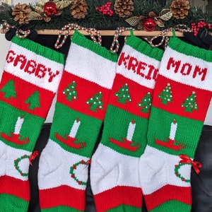 PERSONALIZED Christmas Stocking 4 TREES - sequins, bells, date - Special REQUEST - knit, hand made, custom - vintage Candle, Wreath