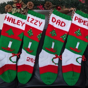 Classic Candlestick Special REQUEST 3-Trees 230 Handknit Christmas Stocking PERSONALIZE with name - customized-sequins, bells, vintage