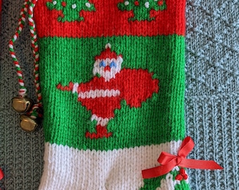 PERSONALIZED Christmas Stocking SANTA and His Pack  100% hand knit vintage classic pattern jingle bell customized sack