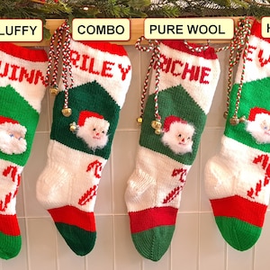 May include: Four personalized Christmas stockings with different textures. The stockings are red, white, and green with a Santa Claus face on each. The stockings are labeled "Fluffy", "Combo", "Pure Wool", and "Hairy".