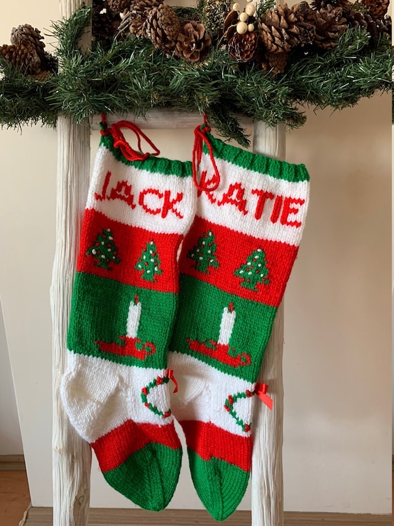 Classic Candlestick BRIGHT 012 Hand-Knit Christmas Stocking: Personalized with name Tree, Candle, Wreath Design