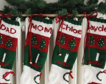 Christmas Stocking PERSONALIZED hand knit PREMIUM 100% hand-made traditional vintage Tree, Candle, Wreath pattern customized candlestick