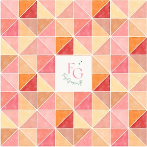 May include: Watercolor geometric pattern in shades of red, orange, pink, and yellow. The design features a repeating pattern of triangles, creating a mosaic effect. A white square in the center contains the text "FG Faya Georgina Art".