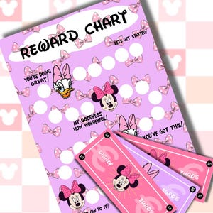 May include: A reward chart with Minnie Mouse and Daisy Duck illustrations, featuring the text "Reward Chart." The chart has spaces for stickers and motivational phrases like "You're doing great!" and "You've got this!" Also included are Disney Euro reward cards.
