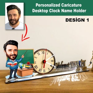 Personalized Cartoon Male Teacher, Teacher Day, Teacher Day Gift, Model Desktop Name Plater with Clock , for him gift.