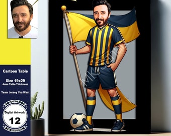 Tableau personnalisable de dessin animé de joueur de football - oeuvre d'art personnalisée de fan, 19 x 29 cm, impression MDF brillant 4 mm d'épaisseur, pour lui, FB.