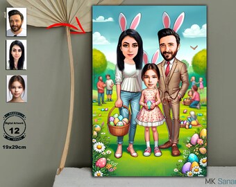 Ritratto pasquale di famiglia personalizzato - Illustrazione digitale personalizzata dei cartoni animati - Arte da parete stampabile, giorno di Pasqua, Paskalya