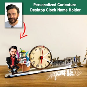 Personalized Cartoon Male graphic artist, Businessman, graphic artist Model Desk Name Plate with clock, for him , for father day