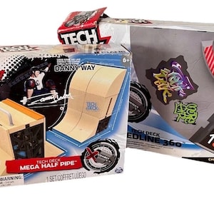 May include: Two Tech Deck playsets. One box features a Mega Half Pipe with a miniature skateboard and the text "Danny Way." The other box is labeled "Edline 360" and includes stickers and a ramp.