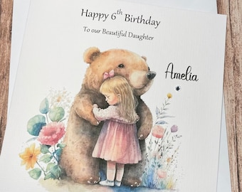 Bear and Girl Personalised Birthday card For Girl Happy Birthday Daughter Granddaughter Niece 1st 3rd 5th Pretty Girls Greeting CardHandmade