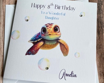 Personalised Turtle Happy Birthday Card for her for him Happy Birthday Son Daughter Grandson Granddaughter 5th 8th Greeting Card pHandmade