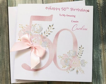 50th Personalised Birthday Card For Her Happy Birthday Mum Daughter Auntie 40th 50th 60th Fiftieth Greeting Card Floral Letter Handmade