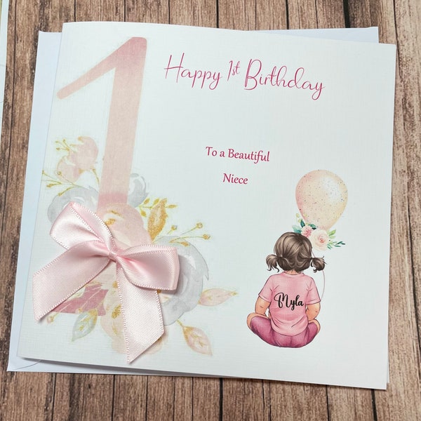 1st Personalised Girls Pink Floral Cute Birthday Card Handmade First Birthday Card For Daughter Niece Granddaughter Babies 1st Birthday Card