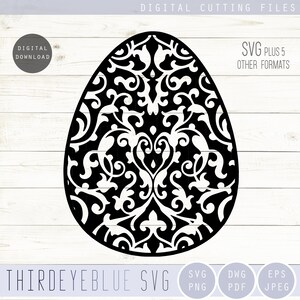 May include: A black and white Easter egg design featuring detailed floral patterns. The image includes the text "DIGITAL CUTTING FILES" and "SVG PLUS 5 OTHER FORMATS". The design is a "DIGITAL DOWNLOAD".