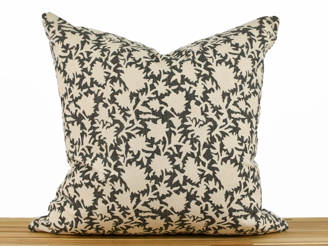 Tan and Black Floral Pillow Cover Dark Gray / Black and Beige Etsy