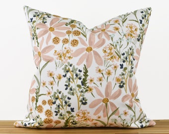Floral Pillow Cover, Wildflower Pillow Cover, Blush Floral Pillow with Green and Gold, Spring Pillow Cover, Pillow Cover 20x20
