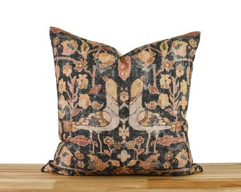 Neutral Floral and Bird Pillow Cover, Black and Tan Kilim Inspired Pillow Cover, Distressed Vintage Feel, Pillow Cover 20x20
