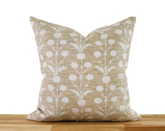 Tan Floral Pillow Cover, Mughal Floral Pillow Cover, Neutral Floral Pillow, Designer Floral Pillow Cover
