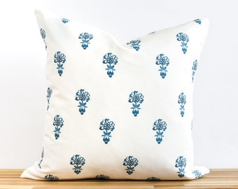 Blue Floral Block Print Pillow Cover, Blue Floral Pillow Cover, Block Print Floral Pillow, Blue and White Pillow Cover, Pillow Cover 18x18