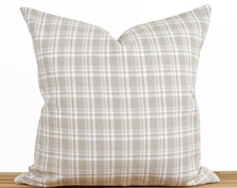 Tan and White Plaid Pillow Cover, Beige and White Plaid Pillow Cover, Tan Checked Pillow Cover, Neutral Plaid Pillow
