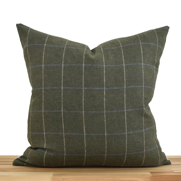 Dark Green Plaid Pillow Cover, Olive Green Windowpane Pillow, Classic Plaid Throw Pillow