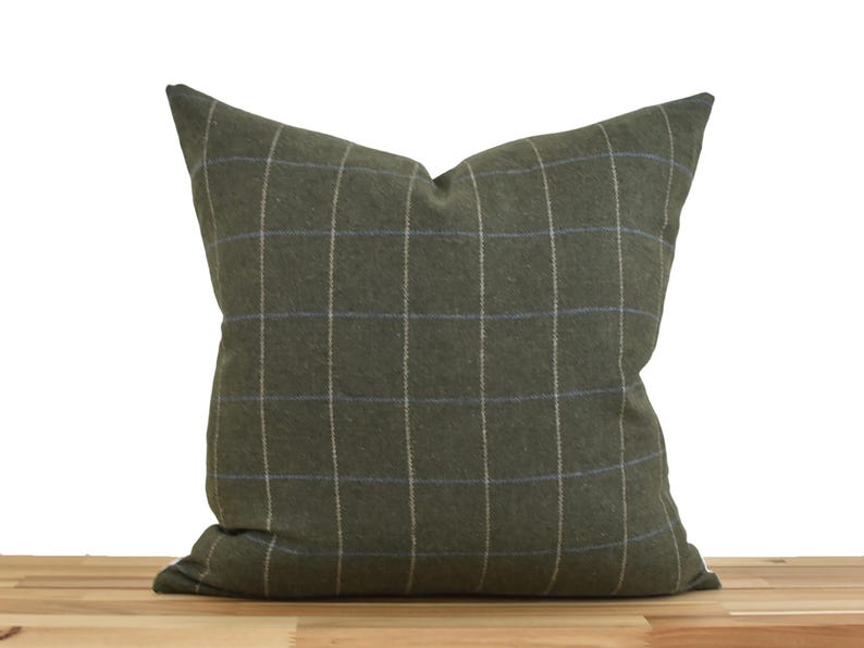 Dark Green Plaid Pillow Cover, Olive Green Windowpane Pillow, Classic Plaid Throw Pillow image 1