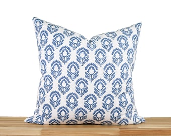 Blue and White Floral Pillow Cover, Blue Hand Blocked Floral Pillow Cover, Floral Throw Pillow, Block Print Pillow