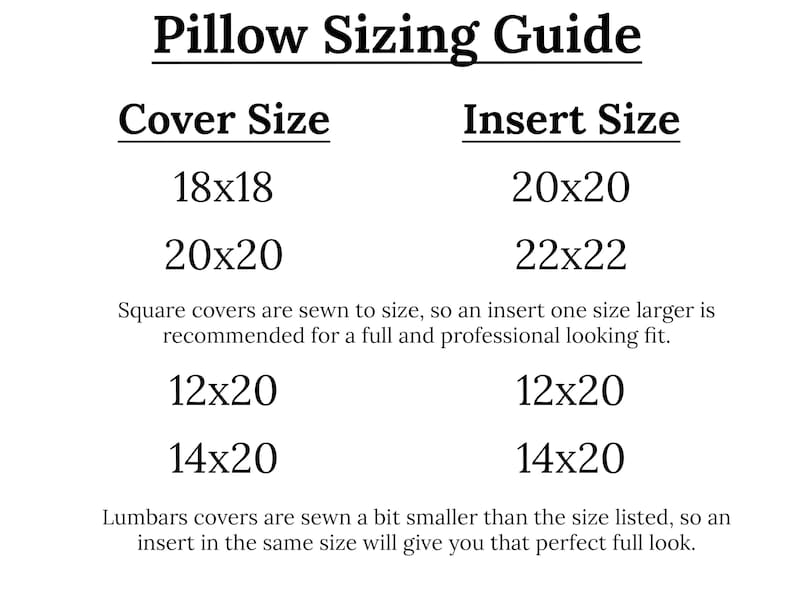 Puede incluir: Un gr&aacute;fico blanco titulado "Gu&iacute;a de tallas de almohadas" con recomendaciones de tama&ntilde;os de fundas y rellenos. Incluye tama&ntilde;os de 45x45, 50x50, 30x50 y 35x50 cm para fundas, y 50x50, 55x55, 30x50 y 35x50 cm para rellenos.