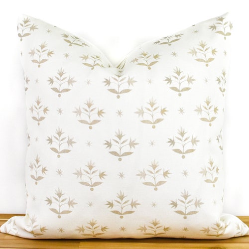 Tan Floral Block Print Pillow Cover Neutral Floral Pillow Etsy