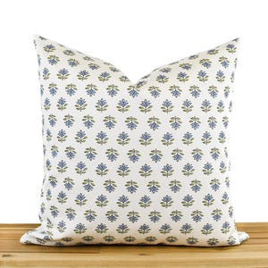Blue Floral Block Print Pillow Cover, Blue and Green Floral Pillow Cover, Indian Inspired Block Print Pillow, Blue Block Print Pillow Cover