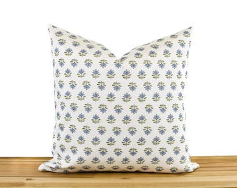 Blue Floral Block Print Pillow Cover, Blue Throw Pillow, Handmade Cushion Cover, Cottage Farmhouse Decor