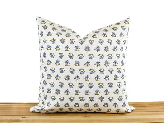 Blue Floral Block Print Pillow Cover, Blue and Green Floral Pillow Cover, Indian Inspired Block Print Pillow, Blue Block Print Pillow Cover