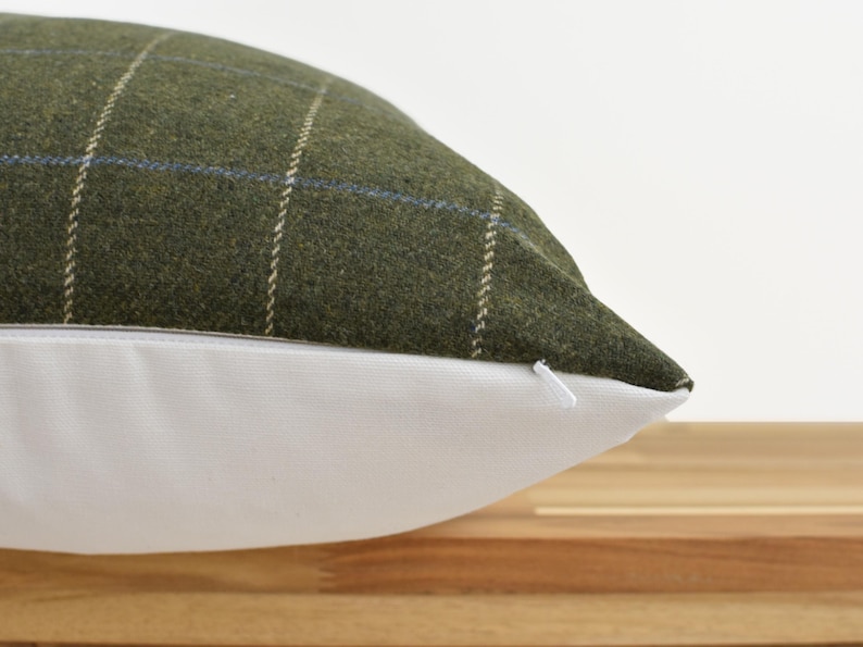 May include: Close-up of a decorative pillow with a green plaid pattern. The pillow has a white bottom and a zipper closure. The plaid design features thin white and blue lines on a green background.