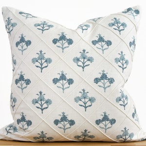 Blue Floral Pillow Cover, Blue and White Floral Pillow Cover, Light Blue Floral Medallion Pillow Cover, Floral Pintuck Pillow Cover