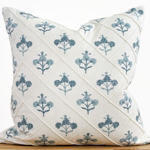 Blue Floral Pillow Cover, Blue and White Floral Pillow Cover, Light Blue Floral Medallion Pillow Cover, Floral Pintuck Pillow Cover