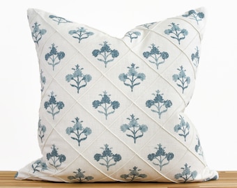 Blue Floral Pillow Cover, Blue and White Floral Pillow Cover, Light Blue Floral Medallion Pillow Cover, Floral Pintuck Pillow Cover