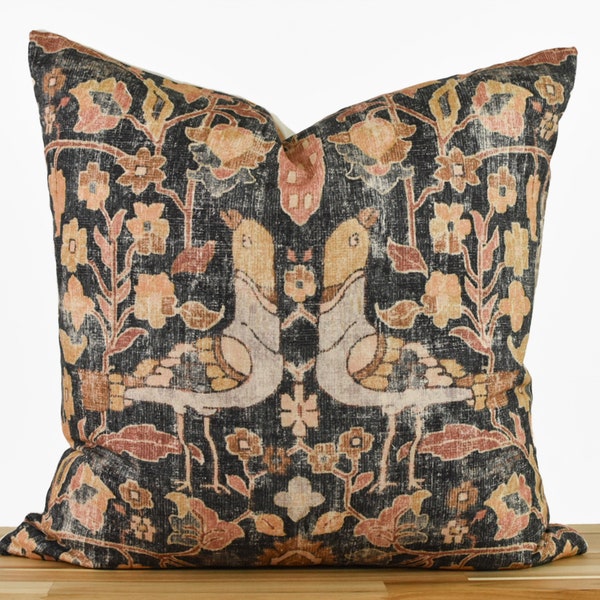 Neutral Floral and Bird Pillow Cover, Black and Tan Kilim Inspired Pillow Cover, Distressed Vintage Feel, Pillow Cover 20x20