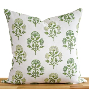 Green Floral Block Print Pillow Cover: Mughal Design, White Cotton Back