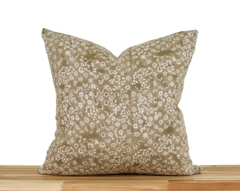 Hand Block Print Floral Pillow Cover - Light Brown Tan Linen