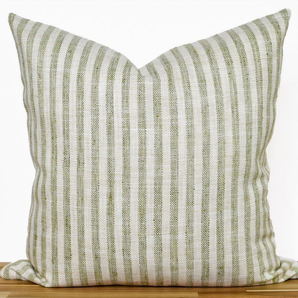 Tan and Green Striped Pillow Cover, Beige and Green Pillow Cover, Green and Natural Textured Pillow Cover, Neutral Striped Pillow Cover