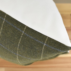 May include: A decorative pillow with a green and white plaid pattern. The pillow features a textured green fabric with a plaid design in white and blue. The other side of the pillow is white.