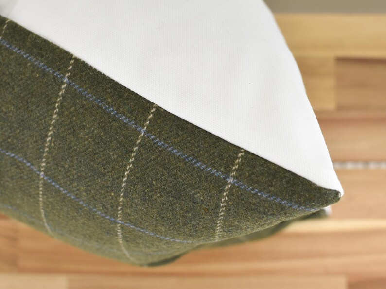 May include: A decorative pillow with a green and white plaid pattern. The pillow features a textured green fabric with a plaid design in white and blue. The other side of the pillow is white.
